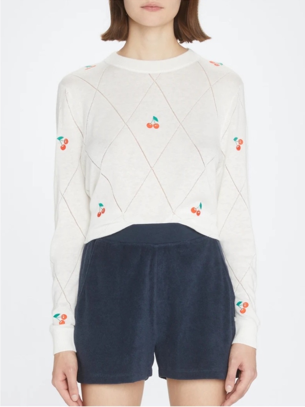 KULE White Cherry Embroidery Cotton & Linen Lightweight Sweater